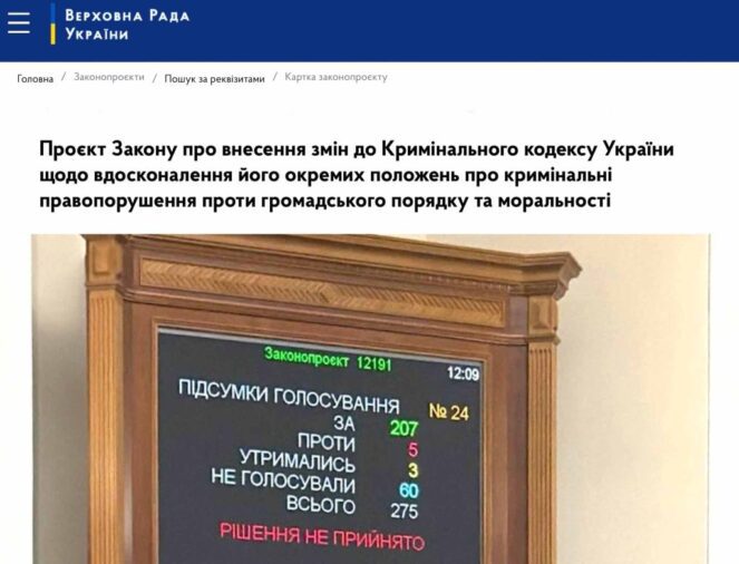 Законопроєкт про декриміналізацію порновиробництва повністю відхилено